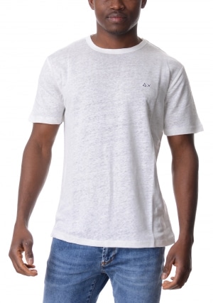 SUN68 Tshirt uomo bianca misto lino maniche corte