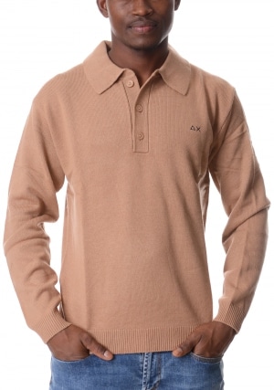SUN68 Polo uomo beige manica lunga misto viscosa