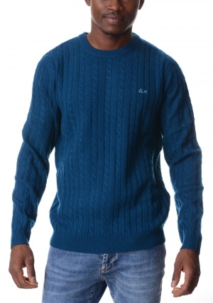 SUN68 Maglia uomo blu profondo girocollo trecce