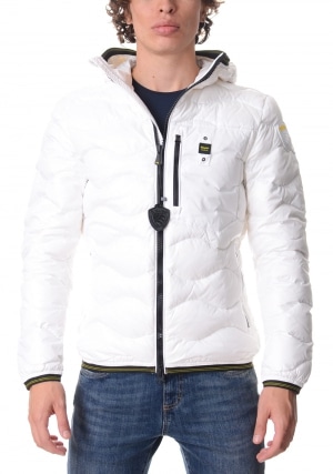 BLAUER Piumino uomo bianco Wave trapuntato ad onde con cappuccio