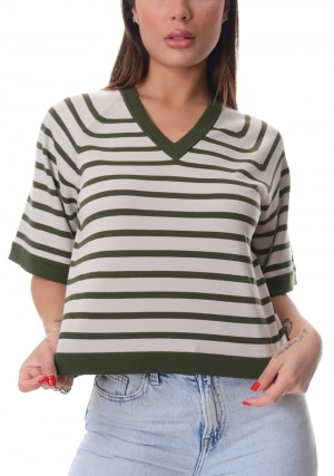 KWAY Tshirt donna beige-verde rigata Marol scollo V