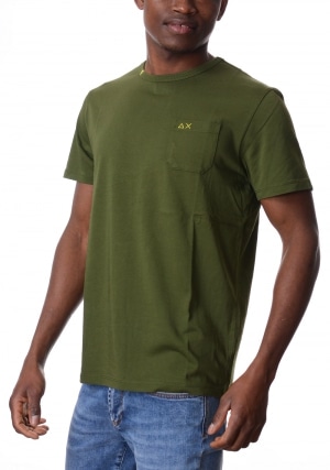SUN68 Tshirt uomo verde scuro girocollo con taschino