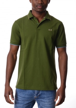 SUN68 Polo uomo verde scuro bordino sul collo in contrasto