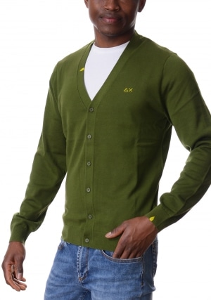 SUN68 Cardigan uomo verde scuro con bottoni logo in contrasto
