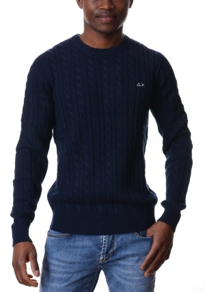 SUN68 Maglia uomo blu scuro girocollo con trecce