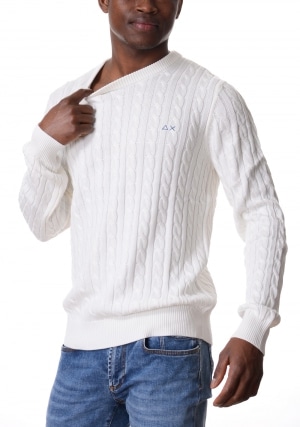 SUN68 Maglia uomo panna girocollo con trecce