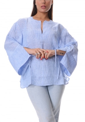 ECOALF Casacca donna celeste rigata Jena in lino