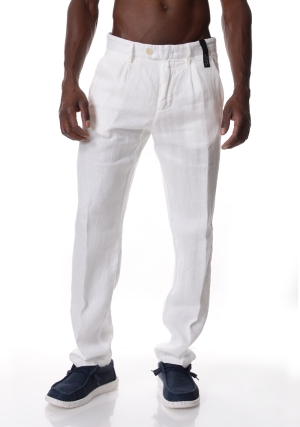 ATPCO pantalone uomo bianco bleecker in lino tasca americana pinces frontali