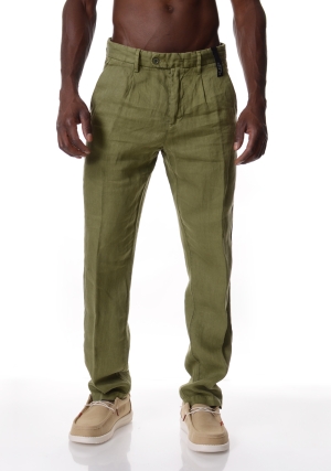 ATPCO pantalone uomo verde bleecker in lino tasca americana pinces frontali