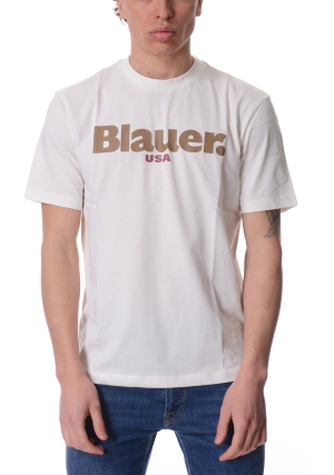 BLAUER tshirt uomo bianca ernst logo stampato in contrasto maniche corte
