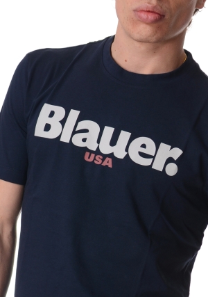 BLAUER tshirt uomo blu scuro ernst logo stampato in contrasto maniche corte