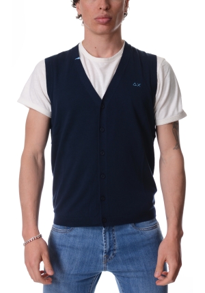 SUN68 gilet uomo blu scuro in maglia di cotone