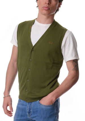 SUN68 gilet uomo verde militare in maglia di cotone