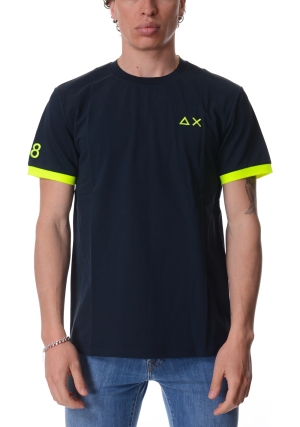 SUN68 tshirt uomo blu scuro in piqué logo fluo maniche corte