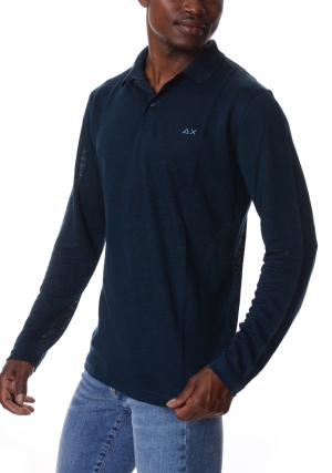 SUN68 polo uomo blu scuro in lino maniche lunghe