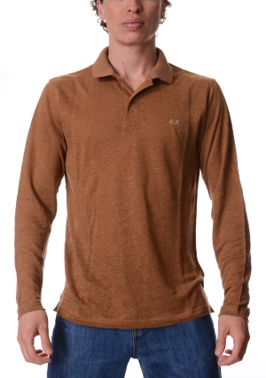 SUN68 polo uomo marrone in lino maniche lunghe