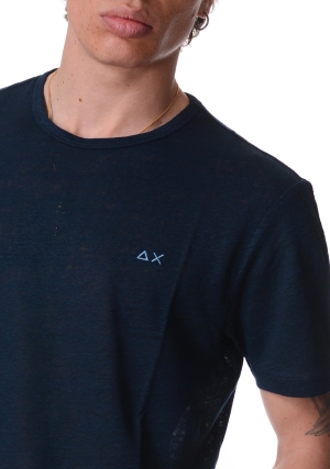 SUN68 tshirt uomo blu scuro in jersey di lino maniche corte