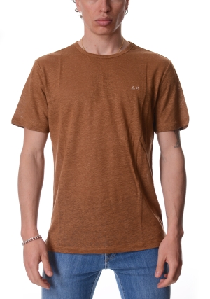 SUN68 tshirt uomo marrone in jersey di lino maniche corte