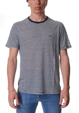 SUN68 tshirt uomo blu a righe in jersey di lino maniche corte