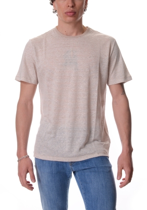 SUN68 tshirt uomo beige a righe in jersey di lino maniche corte