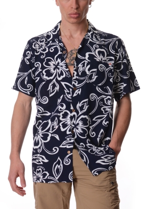 SUNDEK camicia uomo blu scuro fantasia stampata collo bowling maniche corte