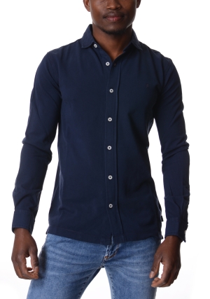 JAGGY Polo camicia uomo blu scuro in piquet di cotone maniche lunghe