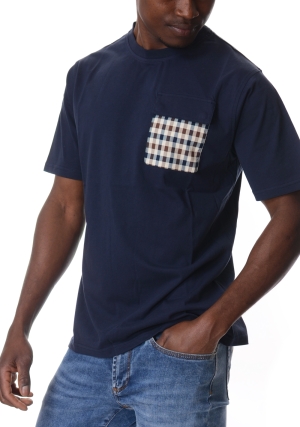 AQUASCUTUM Tshirt uomo blu scuro con taschino check maniche corte